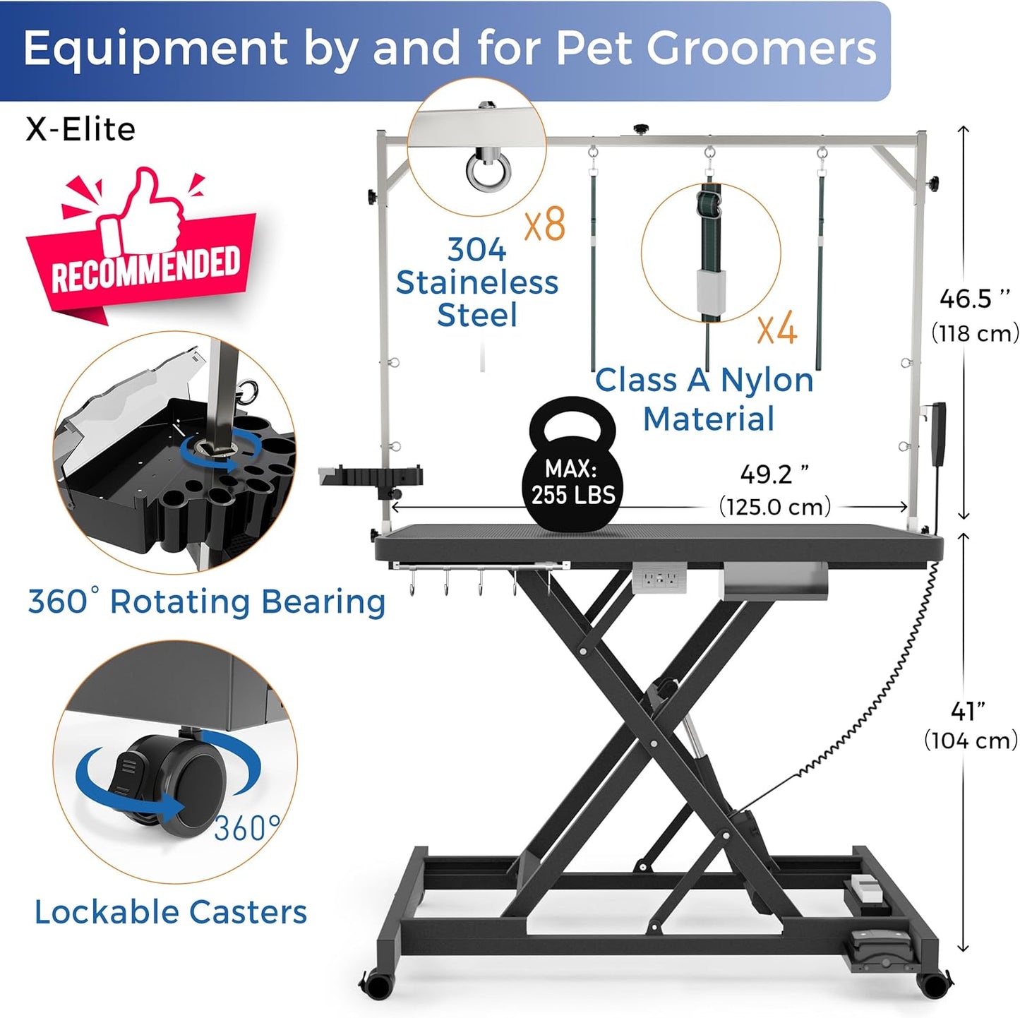 Professional Super Low-Step Electric Dog Grooming Table 49.2", Heavy Duty, Anti-Slip Tabletop, Height Adjustable Dog Table with Lockable Casters, Stainless Grooming Overhead Arm, Dog Grooming Station