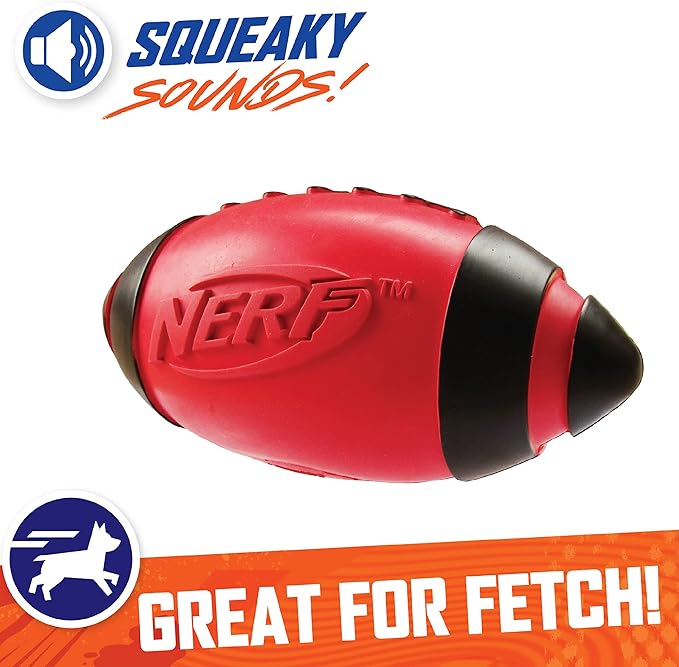 Nerf Dog Rubber Football Dog Toy with Interactive Squeaker, Lightweight, Durable and Water Resistant, 7 Inch Diameter for Medium/Large Breeds, Single Unit, Red