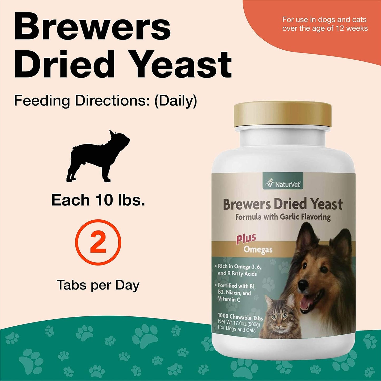 NaturVet – Brewer’s Dried Yeast Formula with Garlic Flavoring – Plus Omegas | Rich in Omega-3, 6 & 9 Fatty Acids | Fortified with B1, B2, Niacin & Vitamin C | for Dogs & Cats | 1000 Chewable Tablets