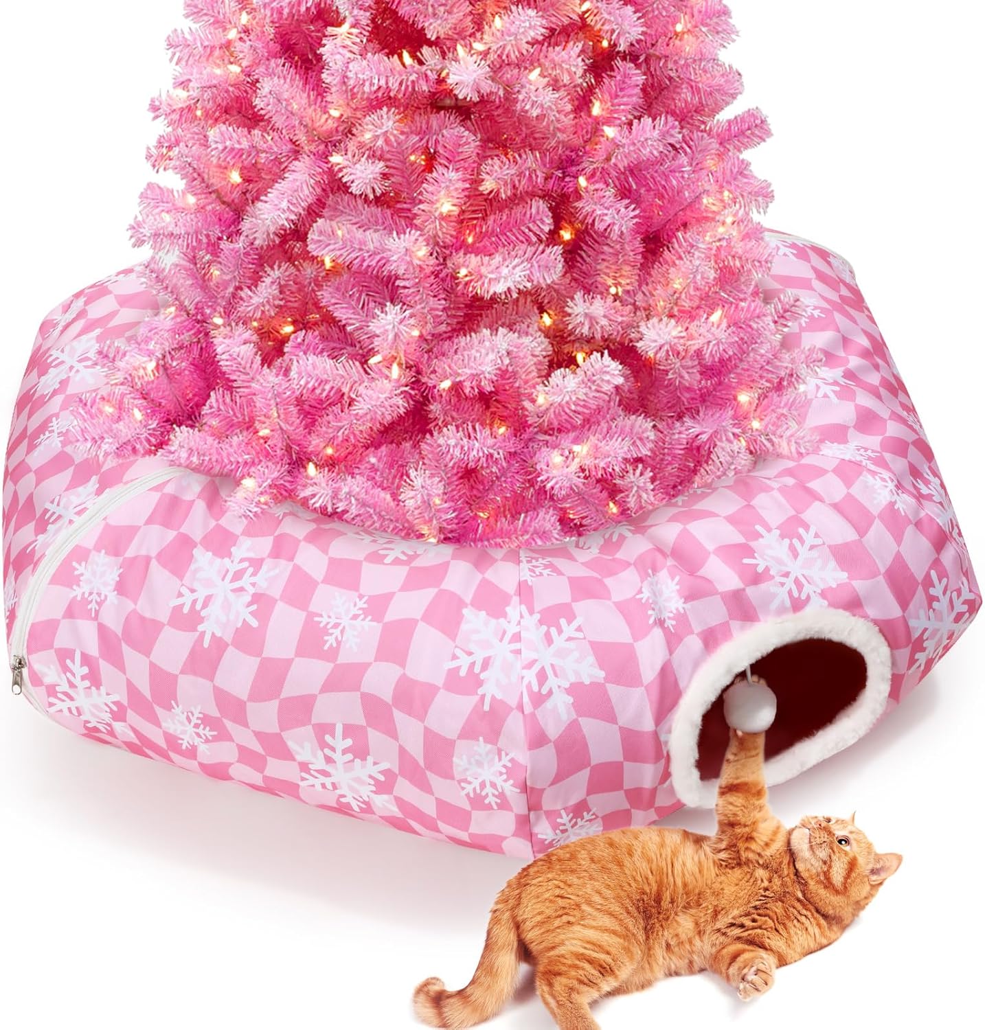 Christmas Cat Tunnel Bed Peekaboo Cat Cave Donut Under Christmas Tree Pink Checker with Snowflakes Hanging Ball Festive Decor Playground Toys Perfect for Medium Large Cats, Kittens, Rabbit, Ferret
