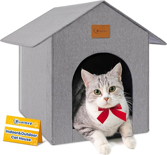 Outdoor Cat House, Cat Shelter Feral Pet Outside Waterproof Cat House for Outdoor/Indoor Cats, Insulated Cat Bed for All Seasons with Cozy Cushion, Easy to Assemble, Grey