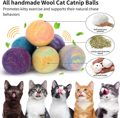 Retro Shaw Cat Toys Balls,Catnip Ball with Bell Inside,Wool Balls Toy with SilverVine Catnip Fill, Upgraded,Interactive Cat Nip Ball for Indoor Kitten Kitty 6 Pcs