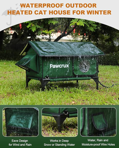 100% Waterproof Heated Cat House for Outdoor Cat with Safe Escape Door, Cat Bed Weatherproof Cat Shelter Kitty with Cat Heating Pad, Insulated Warm House for Feral Cat(Green, 24"x16"x20.2")