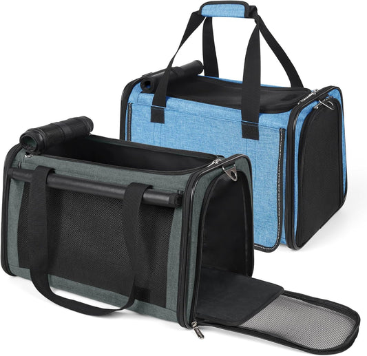 YUDODO 2 Packs 25 lbs Lightproof Soft Sided Pet Carrier for Large Cat & Small Dog Airline Approved Travel Bag Puppy Carriers with Side Pockets & Reflective Mesh, Foldable Portable Lake Blue+Grey Green