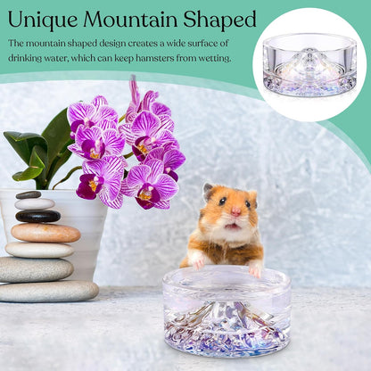 Baderke 2 Pcs Hamster Water Bowls Glass Hamster Food Bowls 35ml Mountain Style Drinking Container Anti Turning for Guinea Pig Gerbils Mice Rats Chinchilla Small Pets(Clear and Rainbow)