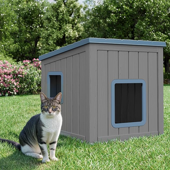 KAMABOKO Outdoor Cat House, Outside Multiple Kitty Feral Cat Houses, Weatherproof Shelter for Ferrel Cats and Dogs, Durable PP Material, Sloping Roof (Gray & Blue)