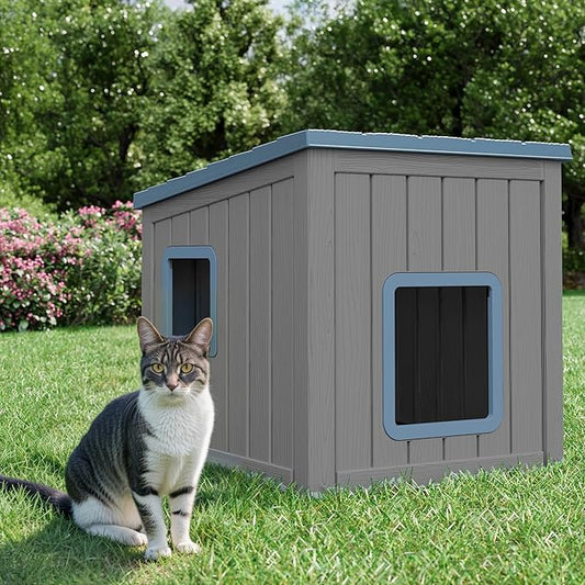 KAMABOKO Outdoor Cat House, Outside Multiple Kitty Feral Cat Houses, Weatherproof Shelter for Ferrel Cats and Dogs, Durable PP Material, Sloping Roof (Gray & Blue)