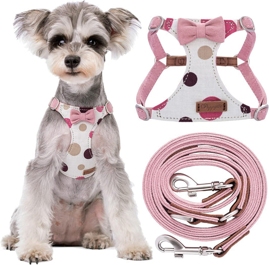 Puppytie No Pull Small Dog Harness with Multifunction Dog Leash,Lightweight Soft Adjustable No Choke Escape Proof Pet Harness Vest Pet Harness Vest,Polka dots Pink,S