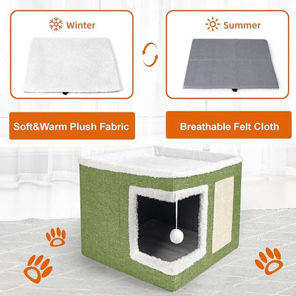 Cat Houses for Indoor Cats - Large Cat Bed Cave with Scratch Pad and Fluffy Ball, Foldable Cat Condo Hideaway with Reversible Cushion for Multi Small Pet, Green