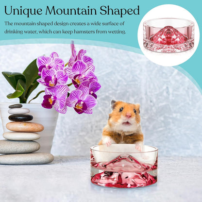 Baderke 2 Pcs Hamster Water Bowls Glass Hamster Food Bowls 35ml Mountain Style Drinking Container Anti Turning for Guinea Pig Gerbils Mice Rats Chinchilla Small Pets(Clear and Pink)