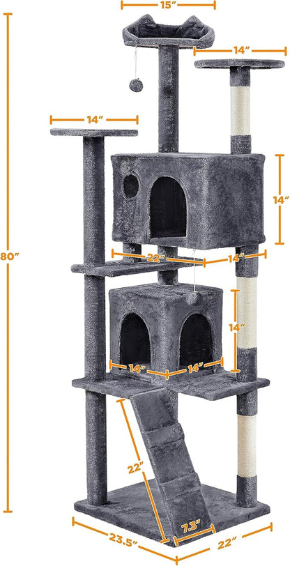 Yaheetech XL Cat Tree, 80in Multi-Level Tower With Scratching Posts, Double Caves, Perched Platforms and Dangling Balls, Stand House for Kittens Pet, Dark Gray