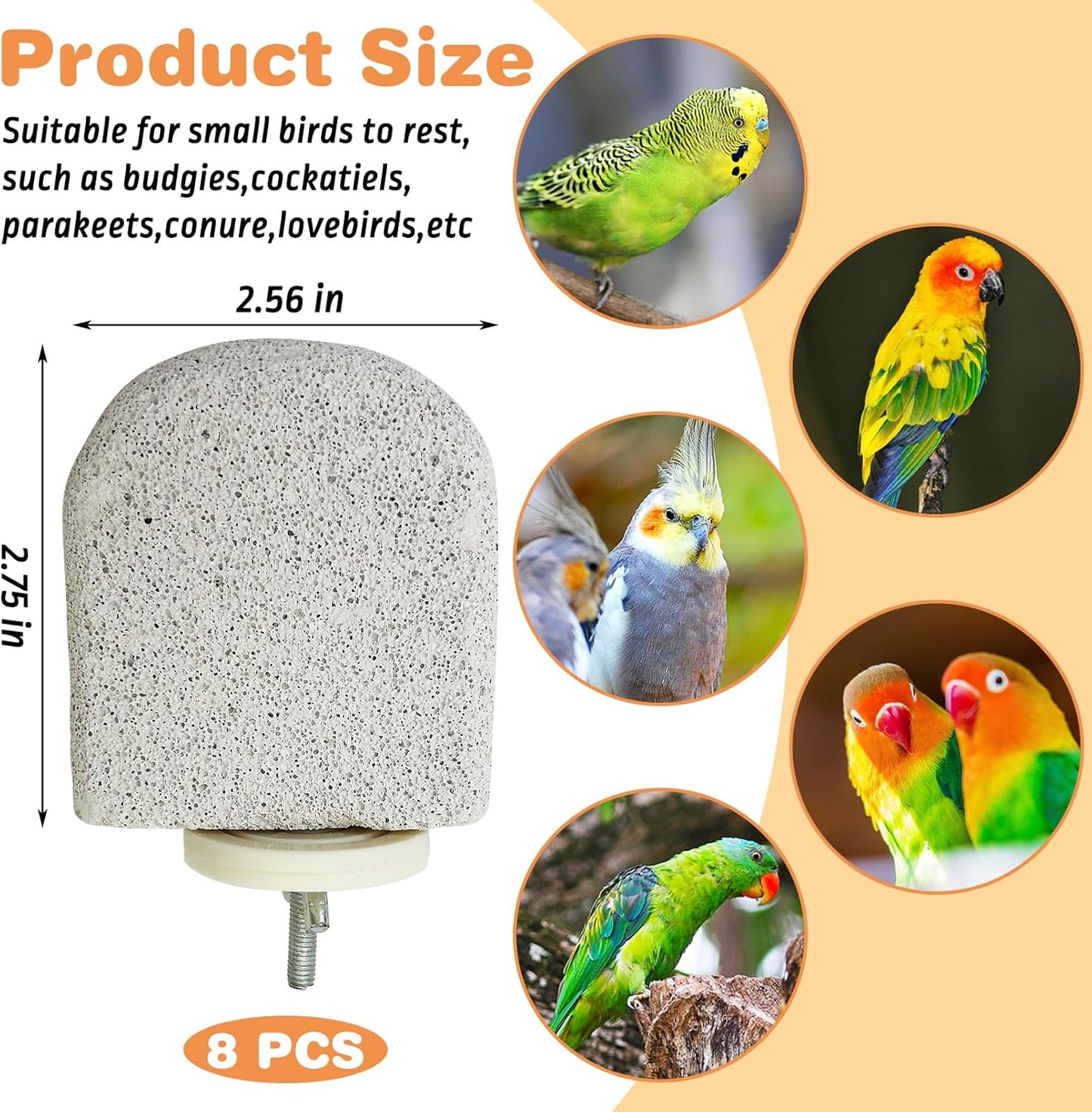 PINVNBY 8 PCS Bird Perch Bird Beak Grinding Stone Calcium Mineral Parrot Perch Foot Claws Trimmer Chew Toy Cage Accessories for Small Medium Budgie Cockatiel Conure Lovebird Finch