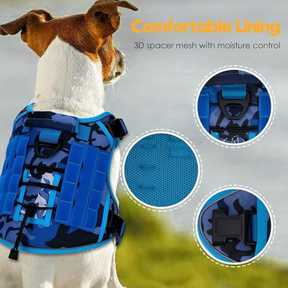 Heavy-Duty Tactical Dog Harness for Large Dogs, No Pull Adjustable Reflective Pet Vest with Molle System, K9 Military-Grade Control for Service Training, Outdoor & 10+ Breeds, Blue Camo, XX-Large