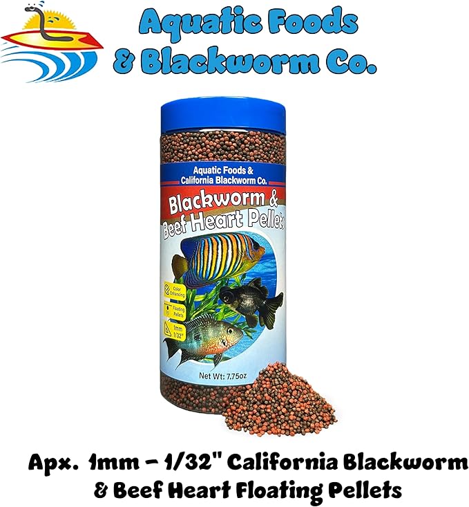 Aquatic Foods Inc. 1mm -1/32" California Blackworm & Beef Heart Floating Pellets for Marines, Cichlids, Tropical Fish, Koi & Pond Fish, 4-Type Wafer & 12-Type Pellet Mix Included 7.75oz Canister