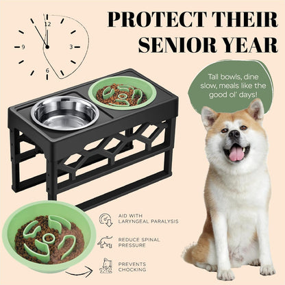 AVERYDAY Small Slow Feeder Dog Bowls Elevated, 4 Height Adjustable Raised Dog Bowl Stand with Stainless Steel Food and Water Bowl, Tall Dogs Feeding Station with Anti-Slip for Small Medium Breeds Dogs