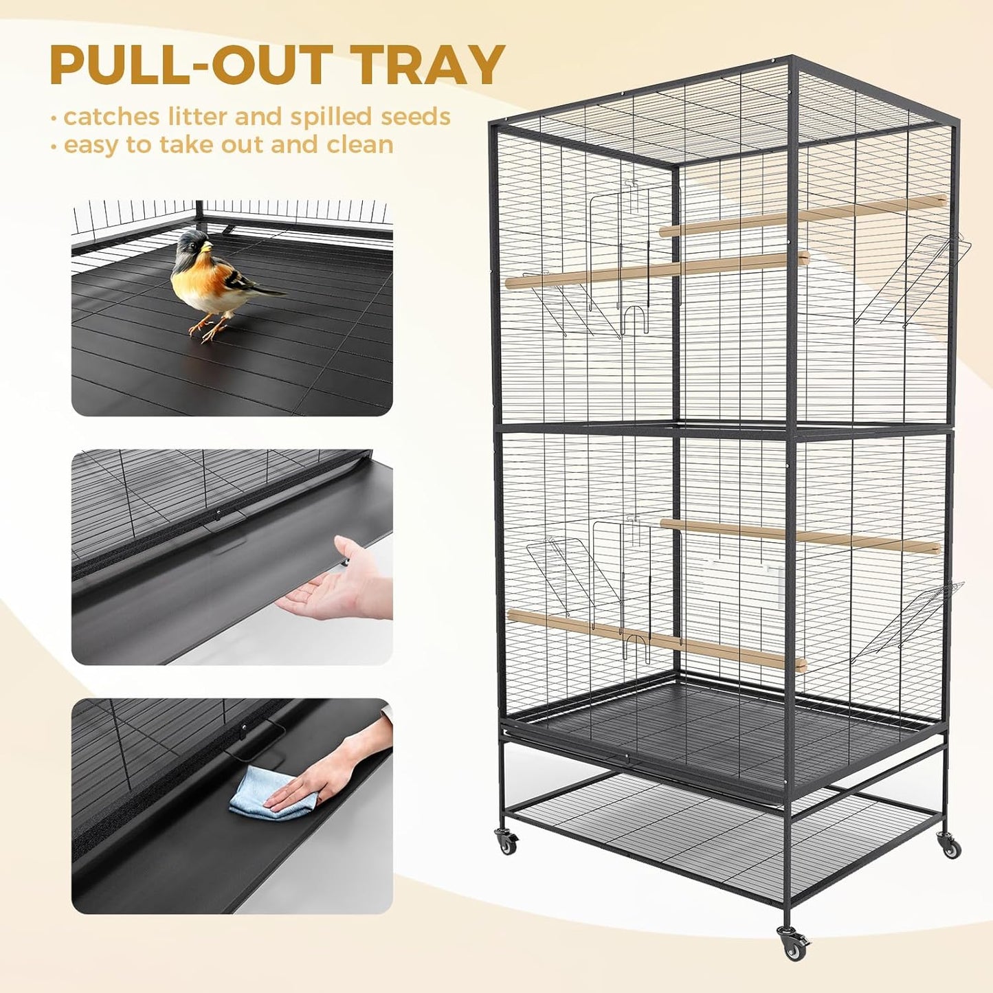 66 Inch Large Bird Cage Metal Parrot Cage with Storage Shelf for Mid-Sized Parrots Cockatiels Conures Parakeets Lovebirds Budgie Finch Black