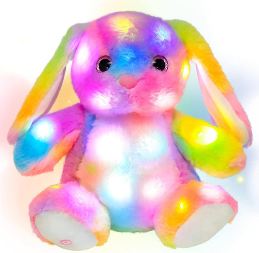 Hopearl LED Plush Bunny Colorful Lighting Up Stuffed Animal Rabbit Floppy Night Lights Glow in The Dark Birthday Festival for Kids Toddler Girls, Rainbow, 10''