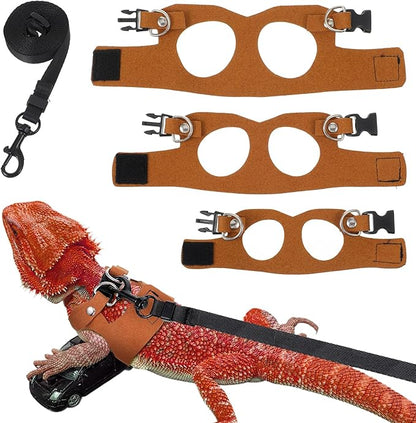 3 Sizes Leash for Bearded Dragon,Bearded Dragon Leash and Harness Set,Adjustable Soft Leather Lizard Harness for Reptile, Squirrel, Rat, Small Animal Walking Vest (Brown)