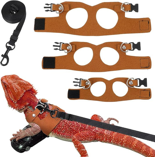 3 Sizes Leash for Bearded Dragon,Bearded Dragon Leash and Harness Set,Adjustable Soft Leather Lizard Harness for Reptile, Squirrel, Rat, Small Animal Walking Vest (Brown)