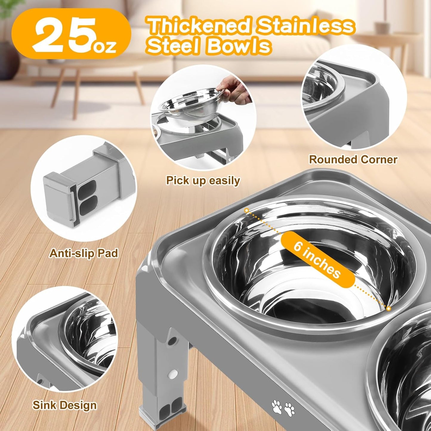 COMESOON Elevated Dog Bowls for Small Medium Dogs, 3 Height Adjustable Raised Stand with 2 Thick 6" Stainless Steel Food Bowls, Non-Slip Feeder Adjusts to 2.75", 6", 7.5", Grey