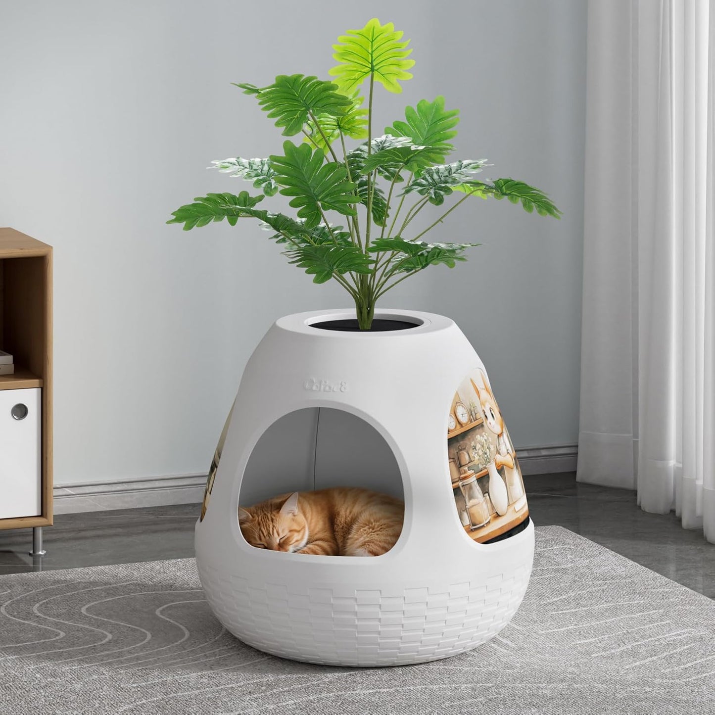 Copod8 Cat Cave, 3-in-1 Kitty House Condo with Plant, Cat Cushioned Bed, Cat Scratchers, Modern Cat Pet Furniture for Indoor, Kitty Hiding Spot (White, M)