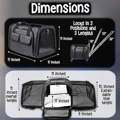 Pet Carrier with Wheels | United Delta American Frontier Airline Approved | Two Expandable Sides, Storage Pockets Adjustable Leash | Rolling Dog and Cat Carrier TSA Compliant (Dark Grey 17x11x11)