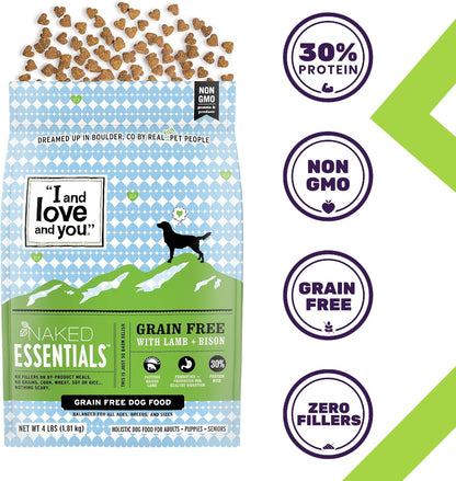 I and love and you Naked Essentials Dry Dog Food - Lamb + Bison - High Protein, Real Meat, No Fillers, Prebiotics + Probiotics, 11lb Bag
