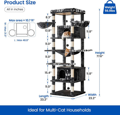 MWPO Extra Large Cat Tree, 77.6-Inch Tall Cat Tower for Indoor Cats with 2 Condos, Multi-Level Cat Stand for Large Cats, 3 Hammocks, Wide Perch, Scratching Posts, Dangling Toys, Smoky Grey