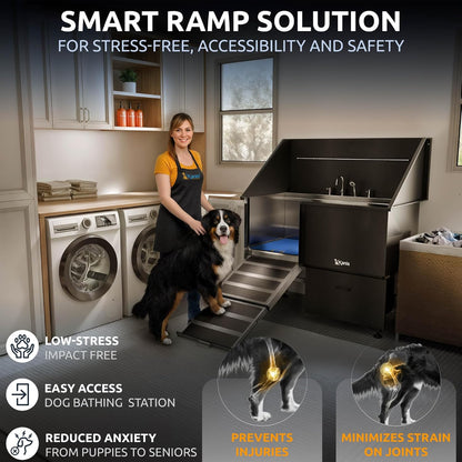 KANIS Black Line Professional Dog Washing Station - 304 Stainless Steel Pet Wash Sink & Grooming Bathtub w/Shower, Floor Grates and Storage for Large, Medium & Small Pets (50", 1 Drawer - Left Ramp)