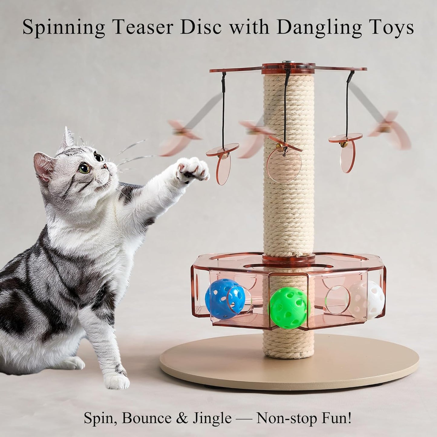 Modern 3-in-1 Interactive Cat Toy with Scratching Post, Rotating Cat Puzzle Toys for Indoor Cats with Colorful Jingle Balls, Spinning Teaser Disc with Dangling Toys, Acrylic, Pink