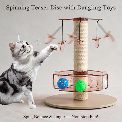 Modern 3-in-1 Interactive Cat Toy with Scratching Post, Rotating Cat Puzzle Toys for Indoor Cats with Colorful Jingle Balls, Spinning Teaser Disc with Dangling Toys, Acrylic, Pink
