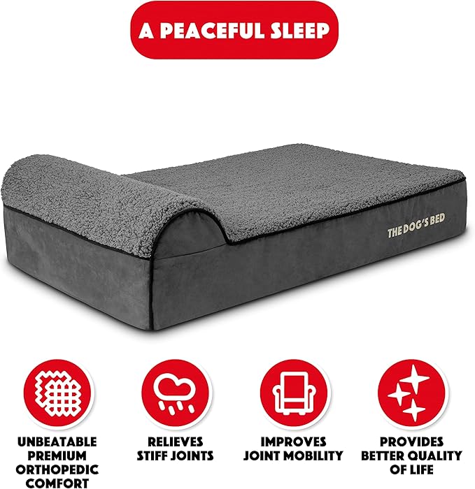 The Dog’s Bed Orthopedic Headrest Dog Bed Large Grey Plush, Memory Foam, Pain Relief for Arthritis, Hip & Elbow Dysplasia, Post Surgery, Lameness, Waterproof Washable Cover