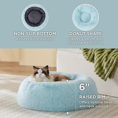 Bedsure Calming Cat Beds for Indoor Cats - Small Cat Bed Washable 20 inches, Anti-Slip Round Fluffy Plush Faux Fur Pet Bed, Fits up to 15 lbs Pets, Aqua Blue