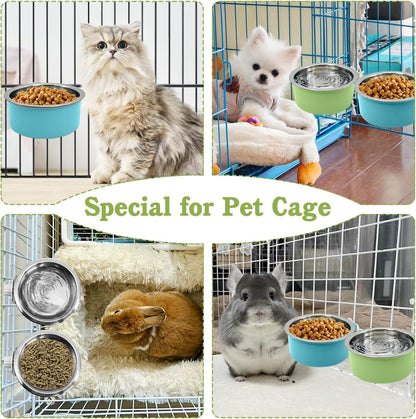 Tfwadmx 4 Pcs Crate Dog Bowl Cat Removable Stainless Steel Food and Water Feeder Hanging Cage Bowls Coop Cup with Cleaning Set for Pet Puppy Bird Rat Guinea Pig Ferret Bunny Rabbit (Light Blue&Green)