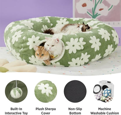 Lesure Large Cat Tunnel Bed - Cute Donut Bed for Indoor Cats with Washable Circle Cushion, Round Pet Peekaboo Cave Toy for Multi Kitten/Puppy/Rabbit, Large Green