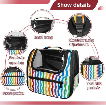Colorful Wavy Pattern Rainbow Pet Carrier Airline Approved Soft Sided Portable Cozy Travel Pet Bag, Car Seat Safe Carrier for Cats and Dogs