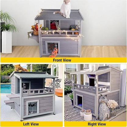 Aivituvin Cat House Indoor 2 Story Feral Cat Shelter for Winter Outdoor Large Size Cat Enclosure for Multiple Cats