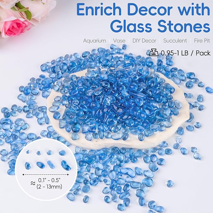 Meschett Colorful Glass Stones, 1 LB Fish Tank Gravel, Small Irregular Rainbow Aquarium Gravel for Aquarium Decorations and Turtle Tank, Sea Glass Beads Crystals for Fish Bowl, Vase Filler,Light Blue