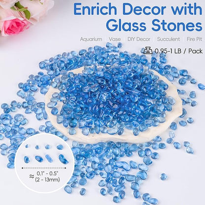 Meschett Colorful Glass Stones, 1 LB Fish Tank Gravel, Small Irregular Rainbow Aquarium Gravel for Aquarium Decorations and Turtle Tank, Sea Glass Beads Crystals for Fish Bowl, Vase Filler,Light Blue