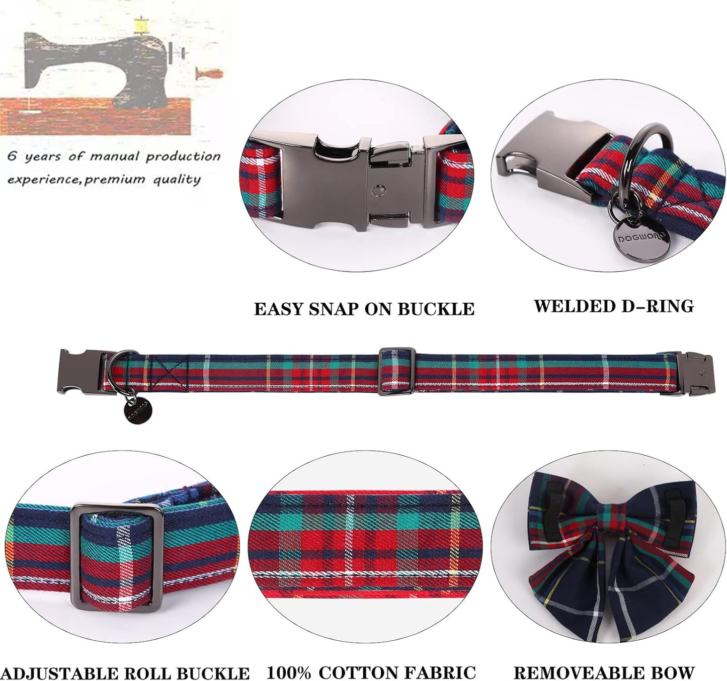 DOGWONG Christmas Dog Collar with Sailor Bow tie, Red Blue Plaid Dog Collar Soft Durable Adjustable Cotton Blue Tartan Gingham Puppy Collar for Small Medium Large Dog