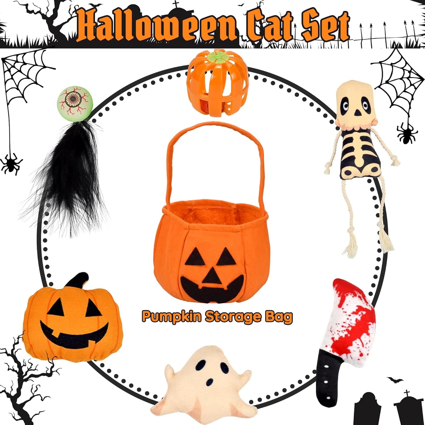 7PCS Halloween Cat Toys, Cat Catnip Toys Plush Teething Toys, Horrible Halloween Cat Ghost Chew Toys for Kitten Cats