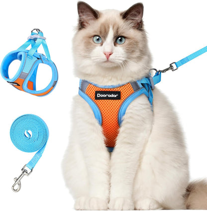 Dooradar Cat Harness and Leash Set, Escape Proof Lightweight Kitten Harness, Soft Breathable Reflective Vest for Outdoor Walking Traveling, Adjustable for Large Cats, Orange & Blue, L
