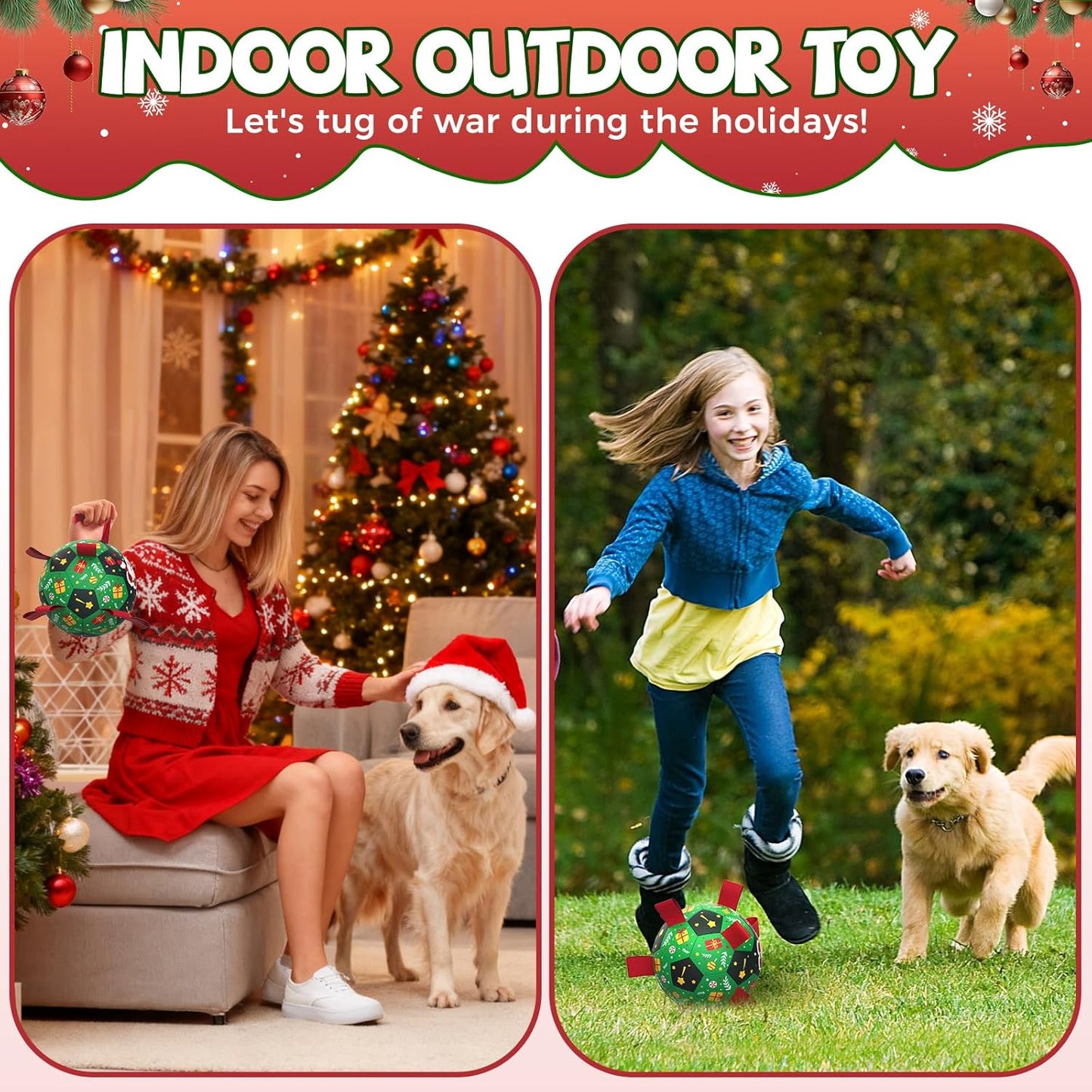 QDAN Christmas Dog Toys: Soccer Ball with Straps for Outdoor Play, Tug of War- Dog Birthday Gift, 8 Inch Balls for Medium & Large Dogs