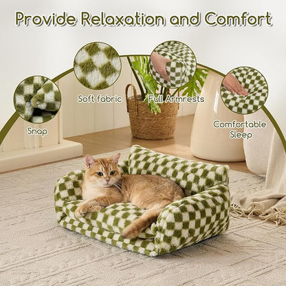 Hollypet Cat Bed Fluffy Plush Mutifuctional Double-Layer Soft Pet Couch Orthopedic Sofa Nest Beds for Small Cats and Dogs, Green and White (21x15x8 inch)