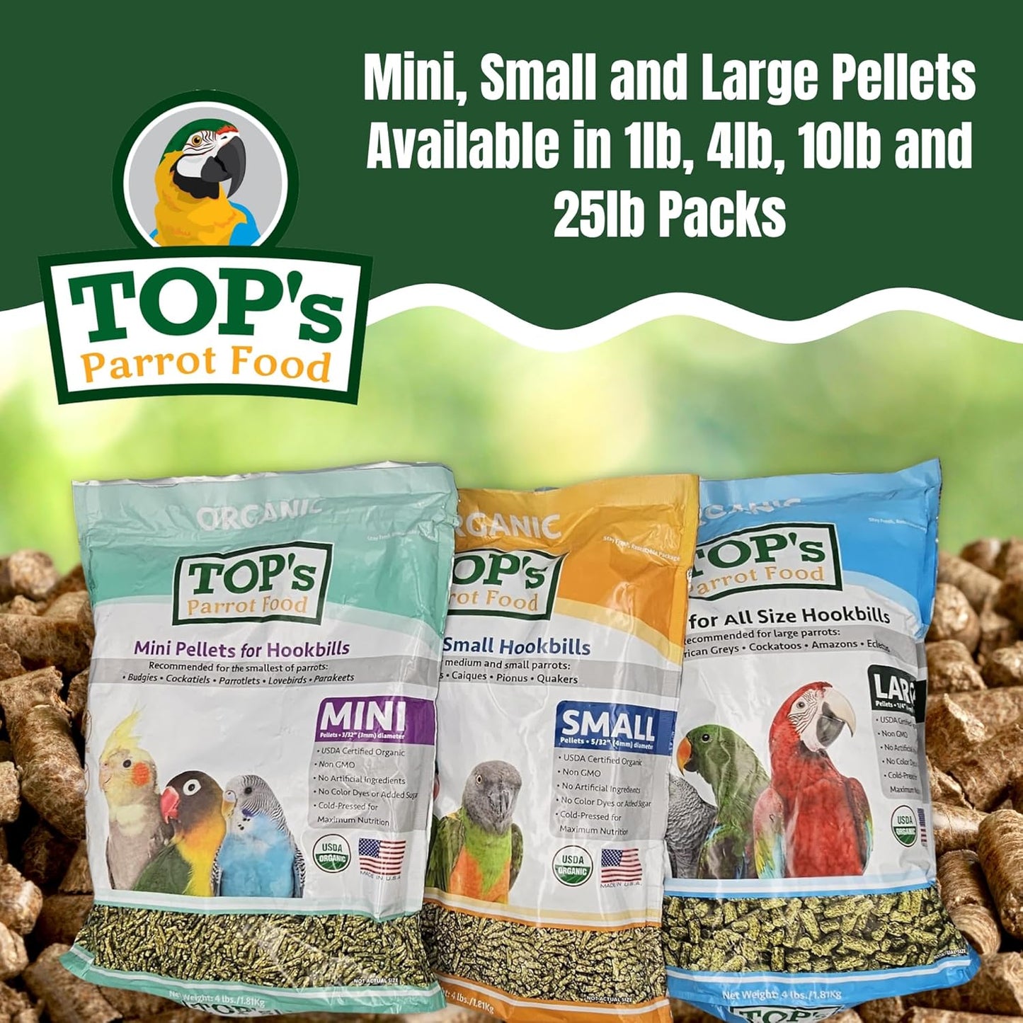 TOP's Parrot Food Bird Pellets for Small Hookbills - Non-GMO, Peanut Soy & Corn Free, USDA Organic Certified (4lbs)