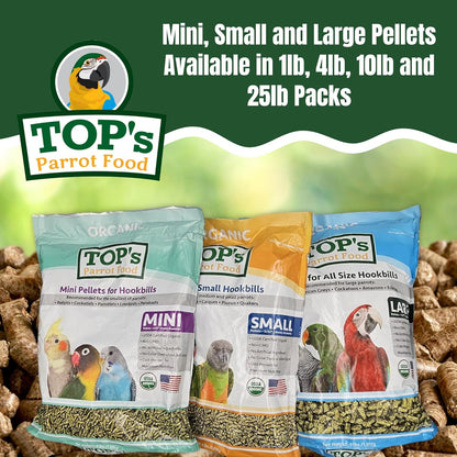 TOP's Parrot Food Pellets Hookbills, Small, Medium, Large Birds - Non-GMO, Peanut Soy & Corn Free, USDA Organic Certified - 1 lb / 453 g