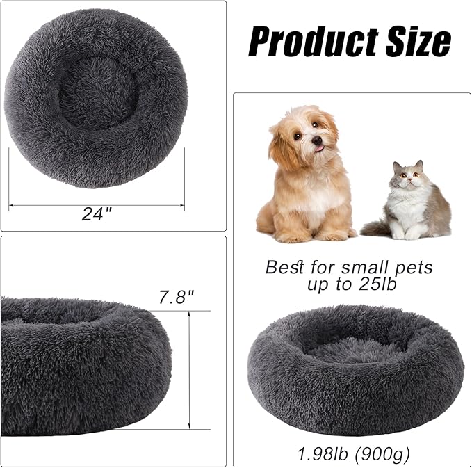 Small Round Dog Bed, Cat Beds for Indoor Cats, Calming Anti-Anxiety Donut Bed for Puppy and Kitten, Washable Round Fluffy Pet Bed for Small/Medium Dogs and Cats(Fits up to 25 lbs Pets)