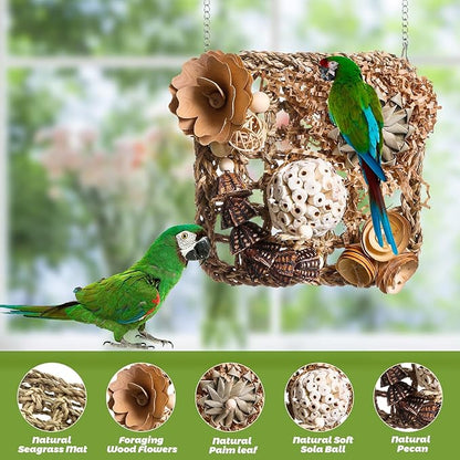 Bird Foraging Wall Toy, Seagrass Woven Climbing Hammock Mat with Chewing Toys,Parrot Shredding Hanging Toys for Cockatiel Lovebird Parakeet Budgie Small-Medium Birds (Small)