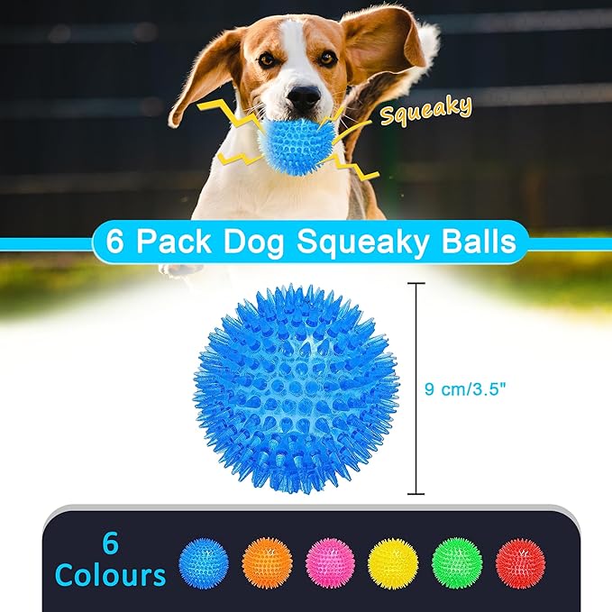 3.5” Squeaky Dog Toy Balls (6 Colors) Dog Toys Spikey Dogs Ball for Aggressive Chewers Heavy Duty Teething Large Medium Durable Dogs Balls