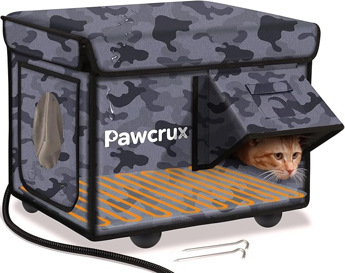 Weatherproof Heated Cat House for Outdoor in Winter, Heated Cat Bed Kitty Shelter with Cat Heating Pad, Insulated & Safe Escape Door, Warm Home for Outside Stray Cat